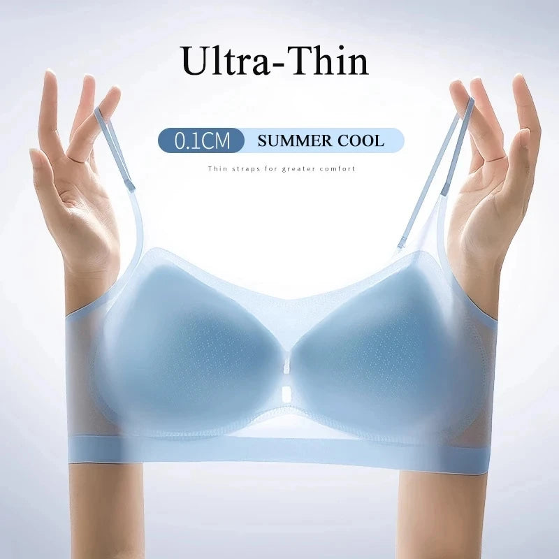 Ultra-thin breathable ice silk bra Women's underwear seamless halter vest U-shaped back pull together