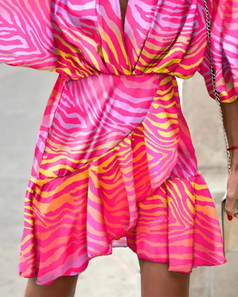 spring Irregular Mini Dress For Women Fashion Print Casual Bohemia Style Vacation Sundress Women's Bat Sleeve Ruffles Dresses
