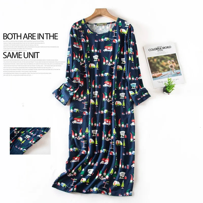 Spring Autumn Female Casual Loose Cartoon Night Dress Ladies 100% Cotton Nightgown Women Long Sleeve Sleepshirts Home Dress