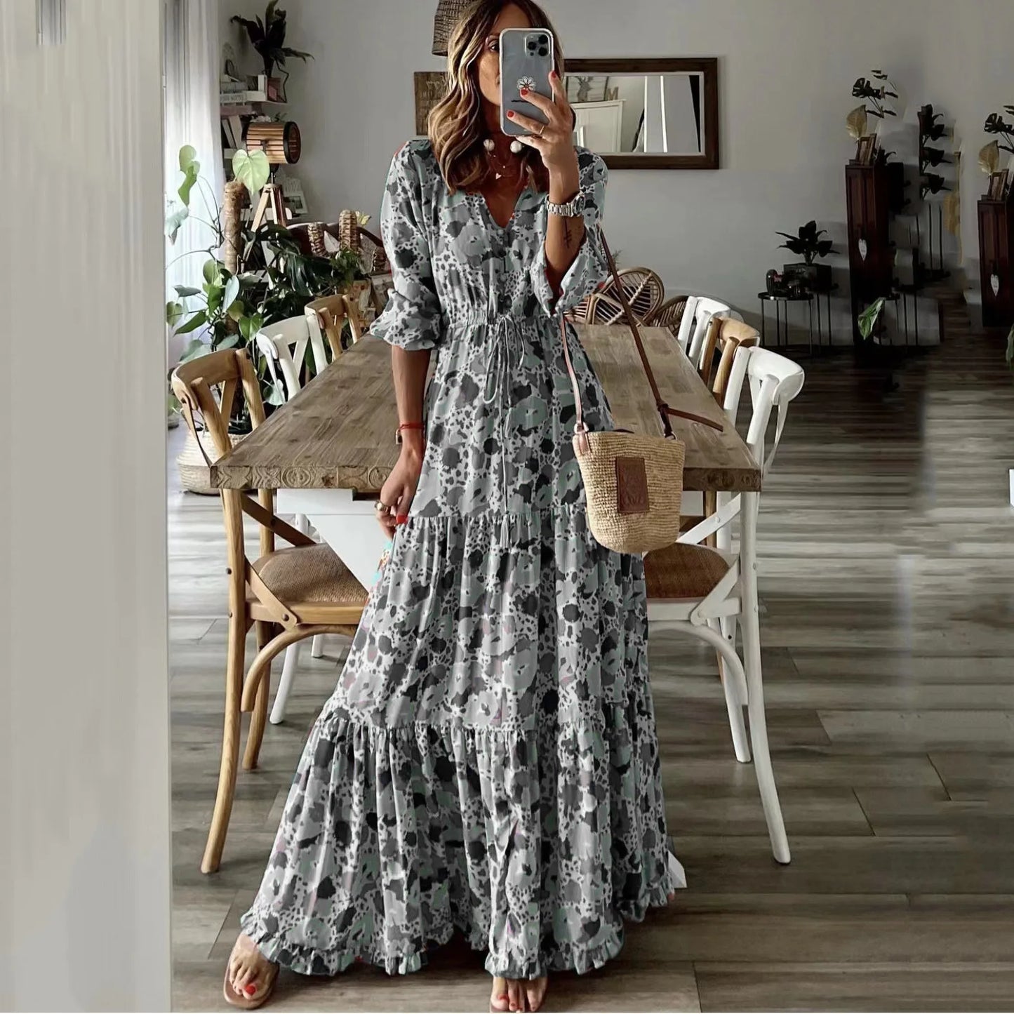 Spring Autumn Flower Print Long Dresses For Women Casual Holiday A-line Beach Dress Fashion Elegant Bohemian Style Maxi Vestidos