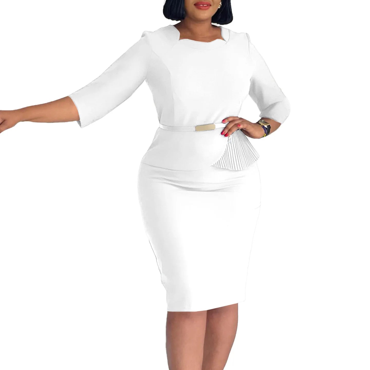 L-3XL Plus Size Elegant Midi Dress 2025 Spring Summer Women Office Lady Dress Casual 3/4 Sleeve Bandage Robe Oversize Dress