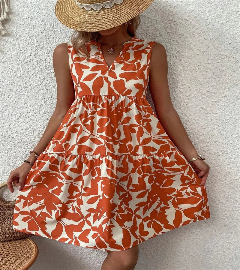 Spring and summer 2024 European and n Ladies Elegant Dress Bohemian fashion loose V-neck ruffle print dress