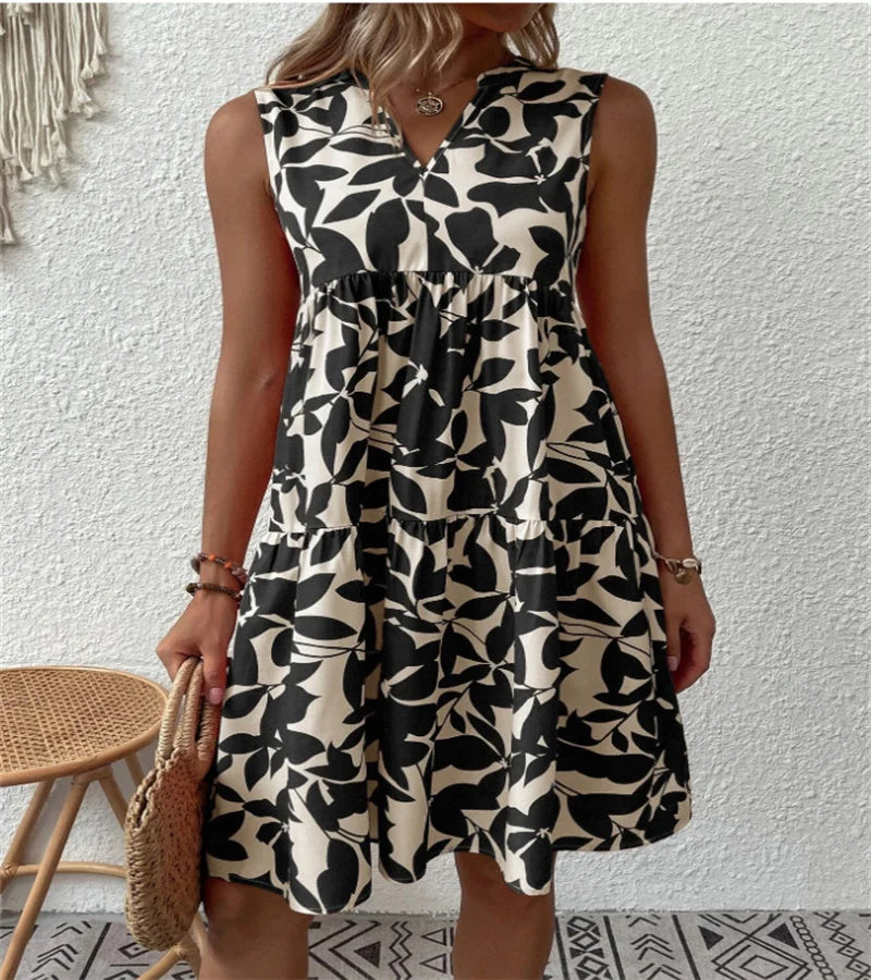 Spring and summer 2024 European and n Ladies Elegant Dress Bohemian fashion loose V-neck ruffle print dress
