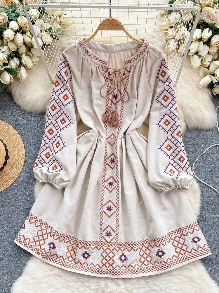 Women's Spring Dress Bohemian Retro Ethnic Style Diamond Cotton Linen Blend Embroidered Lantern Sleeves Mini Dress DS003