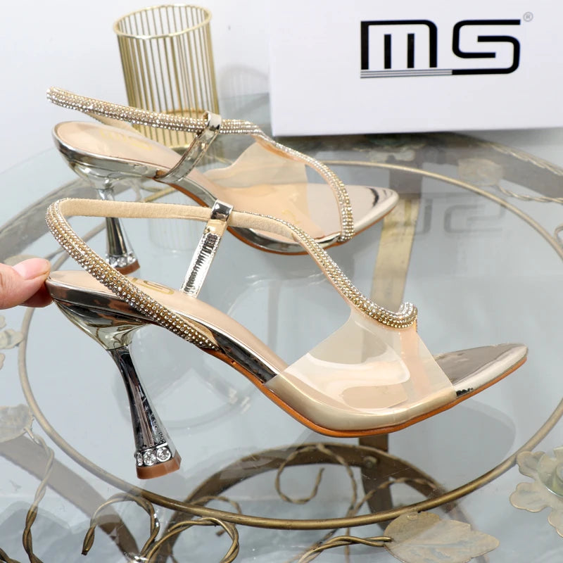 elegant woman heeled shoes sandals in autumn 2023 pointed rhinestones with stiletto heels transparent belts to wear women shoes