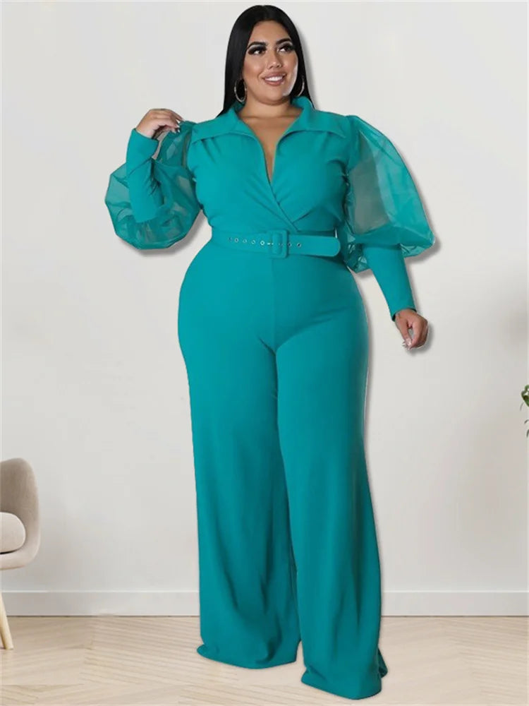 Wmstar Jumpsuit Plus Size Women Clothes V Neck with Belt Single Mesh Sleeve Elegant Bodysuit Office Lady