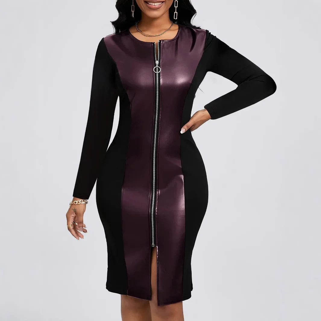 Plus Size Elegant Zipper PU Leather V-Neck Midi Long Sleeve Bodycon Dress Women's plus Size Dress Fashionable Cross-Border Gown
