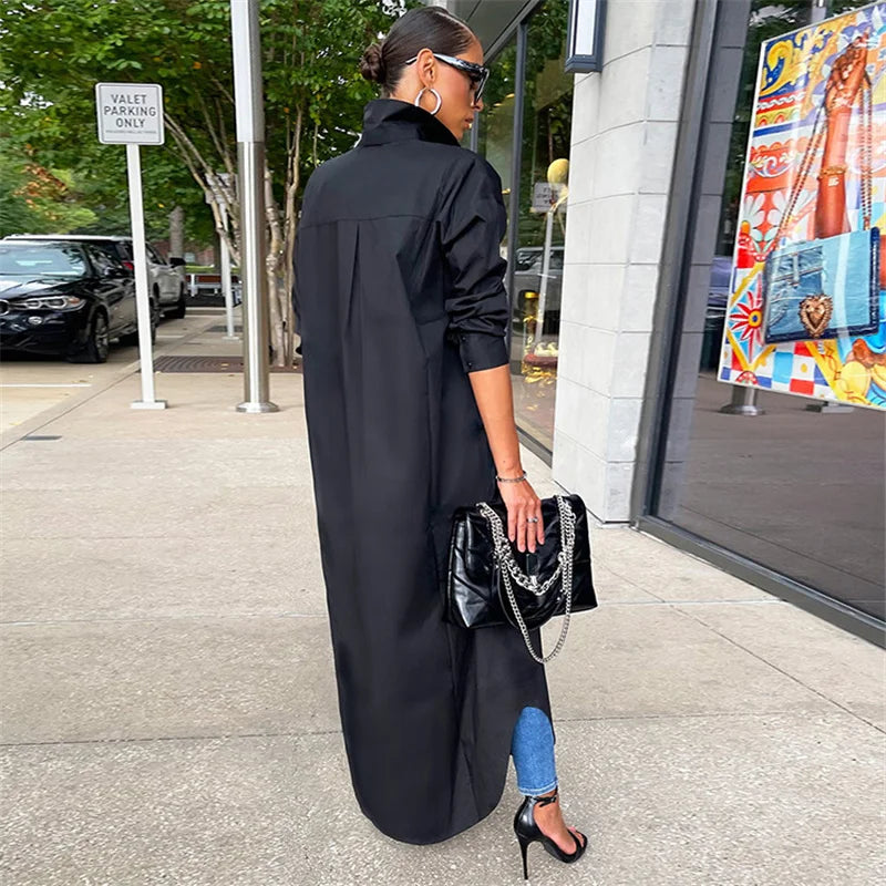 Spring Summer Long Sleeve Shirt Dress Women Turn-down Collar Button Up Straight Maxi Dress Loose Casual Long Dresses Vestidos