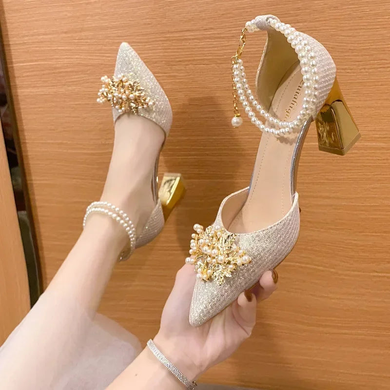 Ladies Shoes on Sale Fashion Pointed Metal Beaded Solid Women's High Heels Summer Leisure Banquet Women Wedding Pump 2024