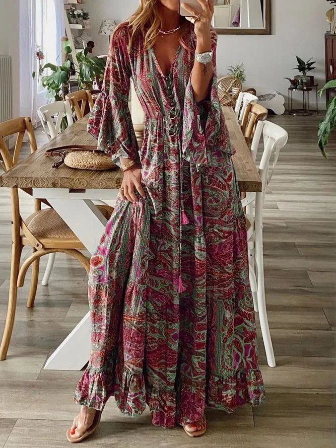Spring Autumn Fashion Women's Dress Bohemian Style Retro Printed V-neck High Waist Bell Sleeve Loose Casual Floral Long Dress