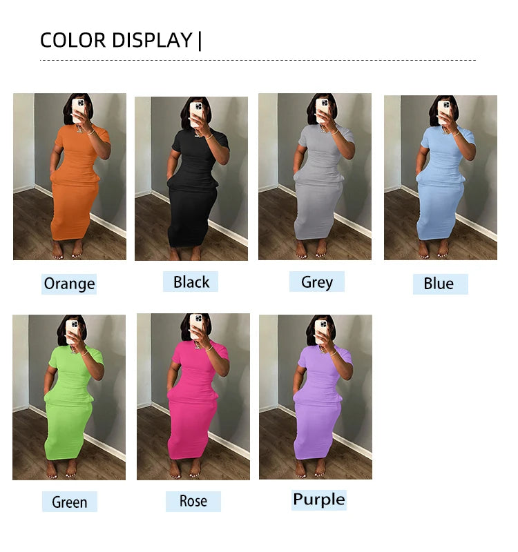 Plus Size 2024 Summer New Round Neck Short Sleeve Slim Hottie Ladies' Stylish Summer Solid Versatile Bodycon Dress