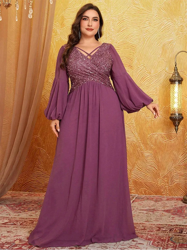 Plus size pink sequined long-sleeved sequined floor-length chiffon evening dress Big Size luxury sparkling banquet Prom Gown