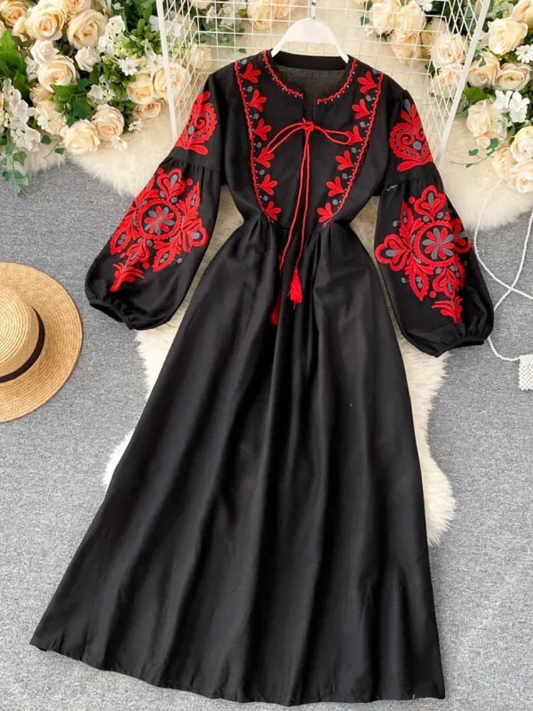 Spring Autumn Women Dresses Bohemian Embroidered Flower O-Neck Lantern Sleeve High Waist Dress All-match Female Vestidos PL393