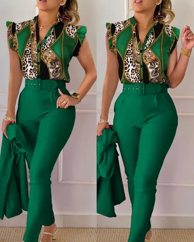 Two Piece Sets Womens Outifits 2023 Summer Fashion Geometric Print Flutter Sleeve Stand Collar Top & Pocket Pants Set with Belt
