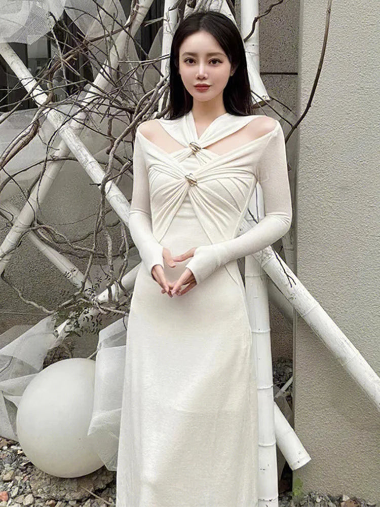 TWOTWINSTYLE Knitting White Dresses For Women V Neck Long Sleeve High Waist Hollow Out Slim Dress Female Summer 2023 Clothing