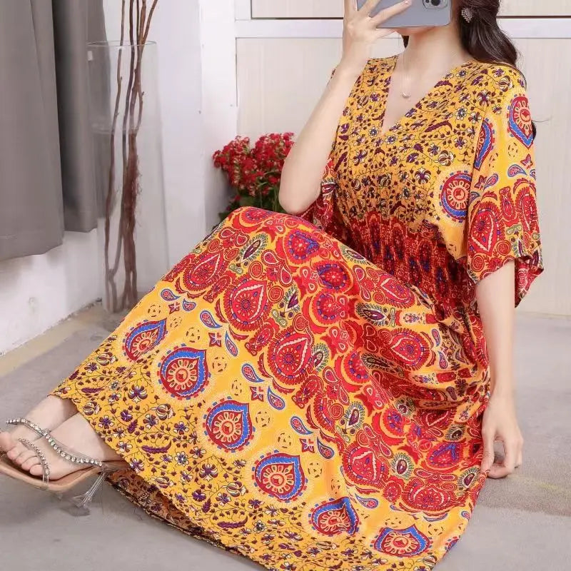 Spring New In Women's Dress V-Neck Short Sleeve Dress Elegant Sweet Print Dress Casual Retro Boho Elastic Waist A-Line Dress