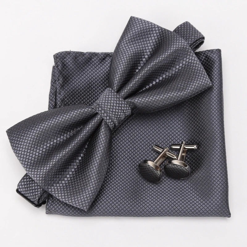 Multicolor Bowtie Pocket Square Cufflinks Sets Classic Solid Color Bowtie Wedding Party Formal Gift Plaids Adjust Neck Bow Tie