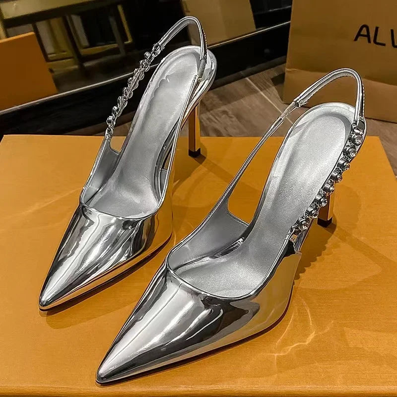 Shiny High Heels Slingback Women Pumps Metallic Crystal Sandals Pointy Toe Stiletto Heeled Shoes Silver Party Dress Shoes Woman