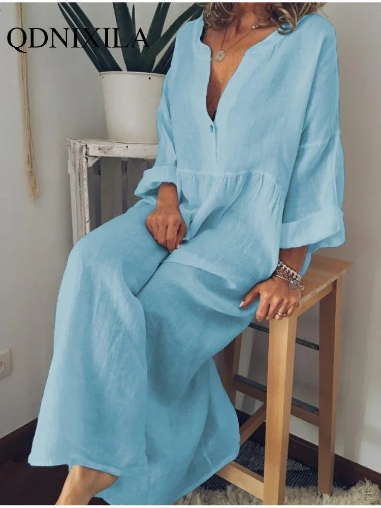 New in Spring Elegant Long Dresses for Women Long Sleeved V-neck Fashion Summer Dresses 2024 Loose Retro Female Clothing Robe