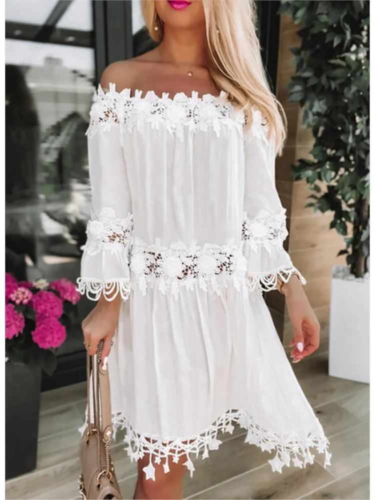 Spring Autumn New Women Sexy Strapless One Shoulder Solid Color Dinner Dresses Fashion Lace Lace Casual Loose Party White Dress