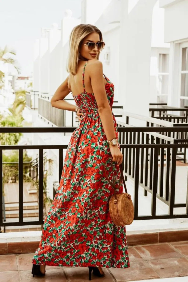 Spring Summer Elegant Women Corset Bohemian Dress Sexy New 2024 Fashion Strap V Neck High Waist Print Long Vacation Dress