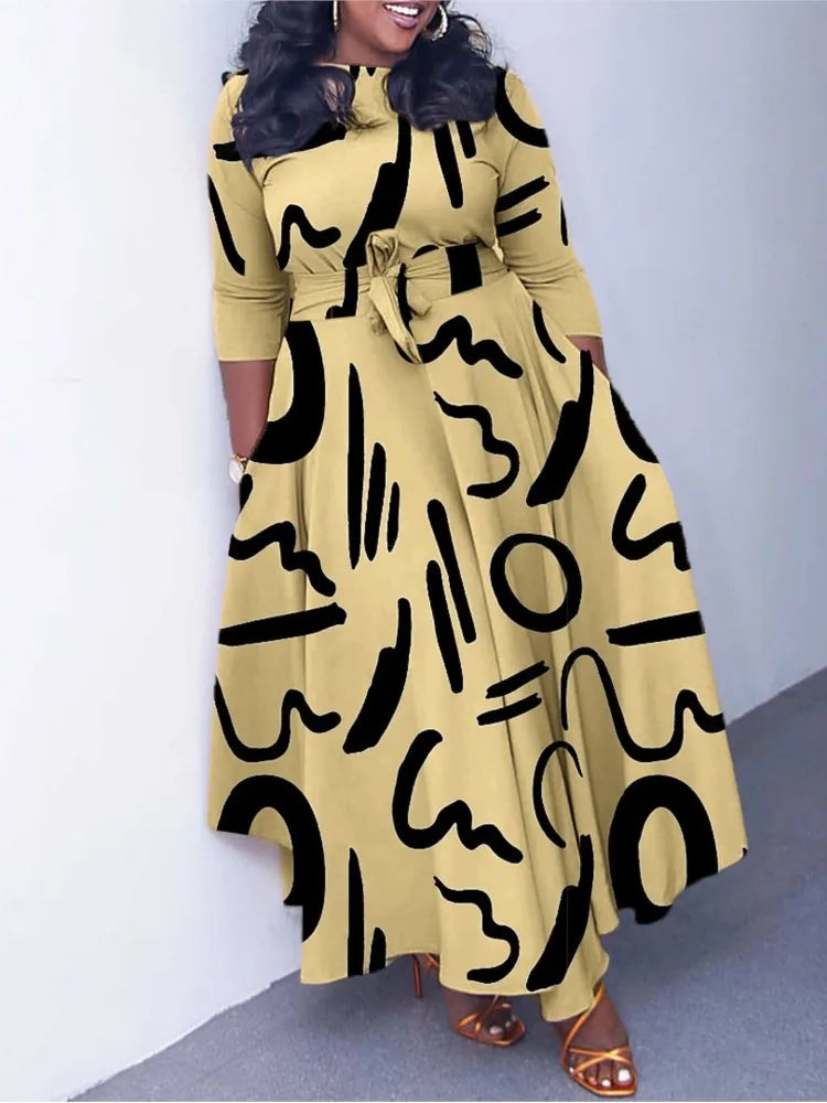 Women's 2024 Autumn New Style Fashionable Elegant Temperament Fashionable Printed Strap Waist Large Skirt Large Size Dress