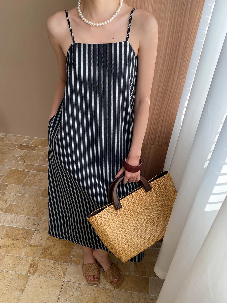 Spring and summer women's casual striped loose suspender dress