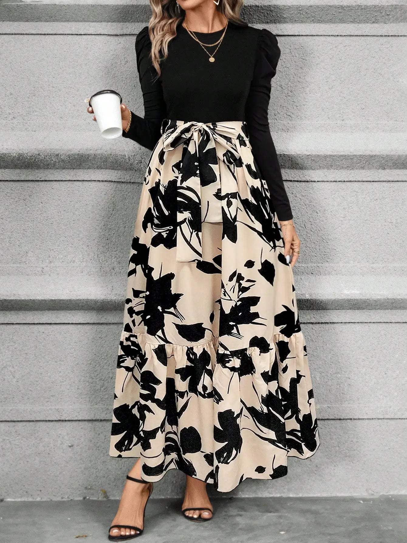 Spring and summer color combination high-waisted flower print dress woman elegant
