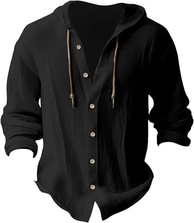 Summer Men's Linen Shirt Solid Streetwear Long Sleeve Hoodie Cardigan Clothing For Men Button Tops Casual Loose Men Hooded Shirt