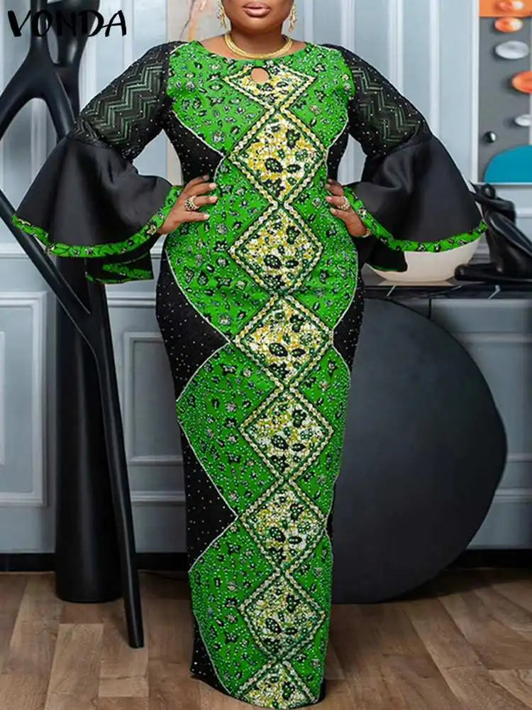 VONDA Women Summer Maxi Dress 2025 Vintage 3/4 Sleeve Printing Sundress Beach Robe Bohemian Bat-wing Sleeve Vestidos Polyester
