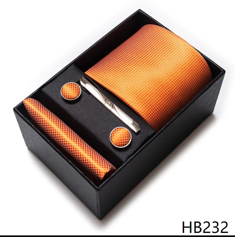 Tie Handkerchief Cufflink Set For Men Necktie Holiday Gift Box Blue Gold Suit Accessories Slim Wedding Gravatas
