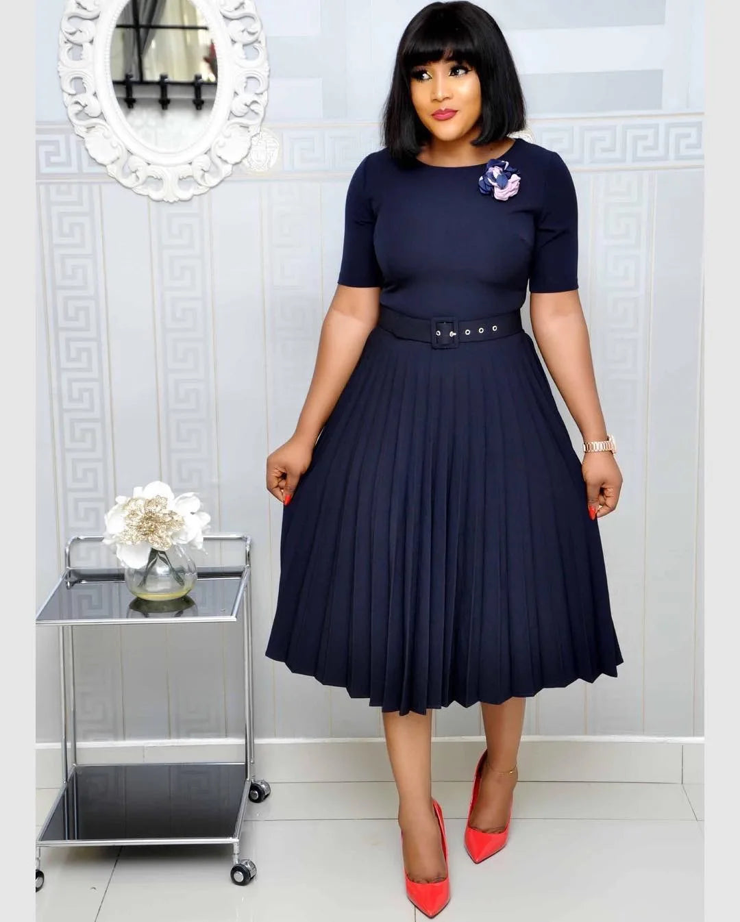 Summer Plus Size Pleated S-5Xl Dress Ladies O-Neck Short Sleeve Solid With Belt Mid-Calf Office Lady Elegant Dresses For Women