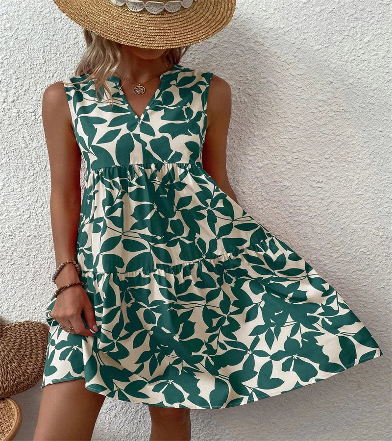Spring and summer 2024 European and n Ladies Elegant Dress Bohemian fashion loose V-neck ruffle print dress