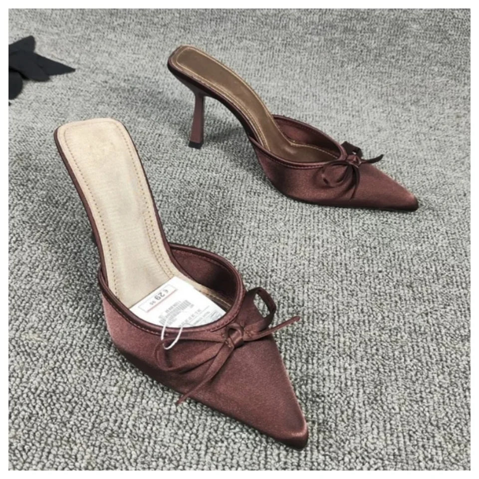 Bow High Heels Slippers Women Pointed Toe Mules Shoes Sexy 2025 Summer Dress Party Stilettos Sandals Woman Slides Trend Pumps