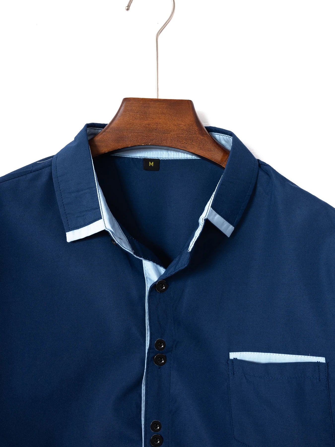 Men's Shirt Business Casual Comfortable Cotton Lapel Color Matching Pocket Holiday Long Sleeve Top