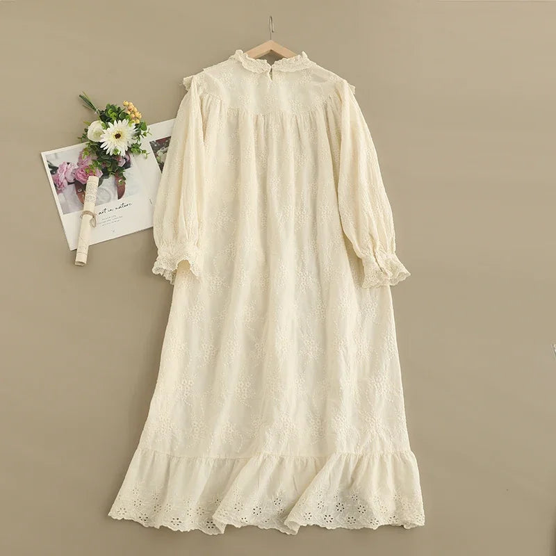 Spring Sweet Mori Girl Hollow Out Embroidered Dress Women Harajuku Long Sleeve Casual Midi Dresses