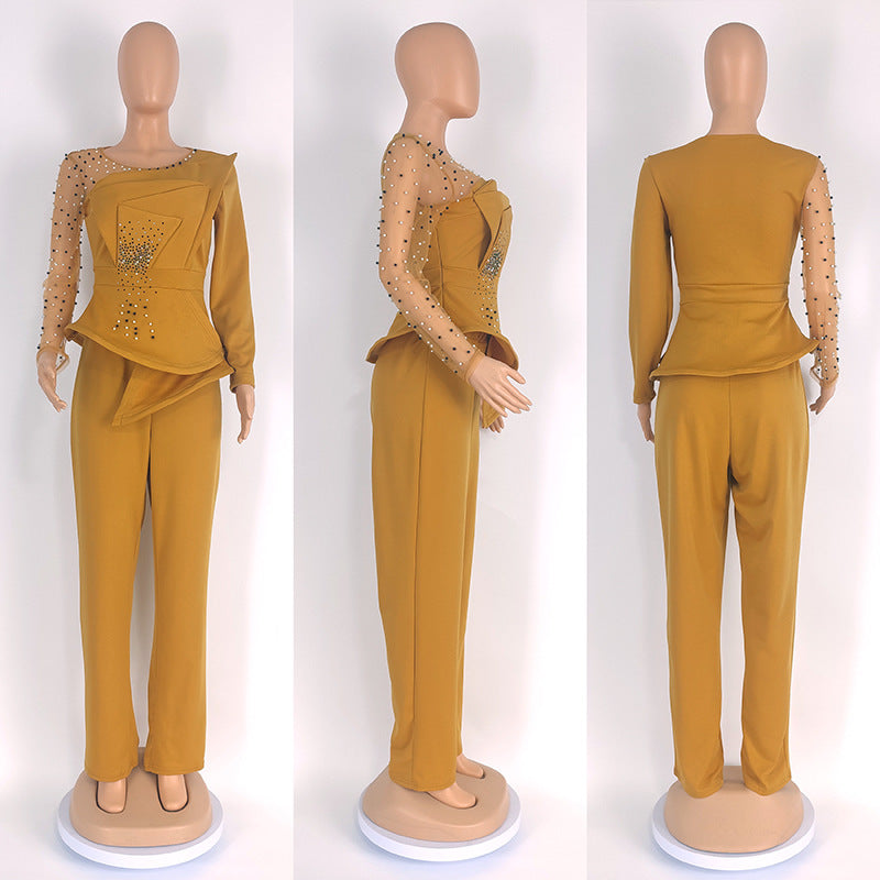 CM.YAYA Vintage Women Beading Mesh Patchwork Ruffles Fan-shaped Blazer Tops and Pants Suit Two 2 Piece Set Outfits Tracksuit