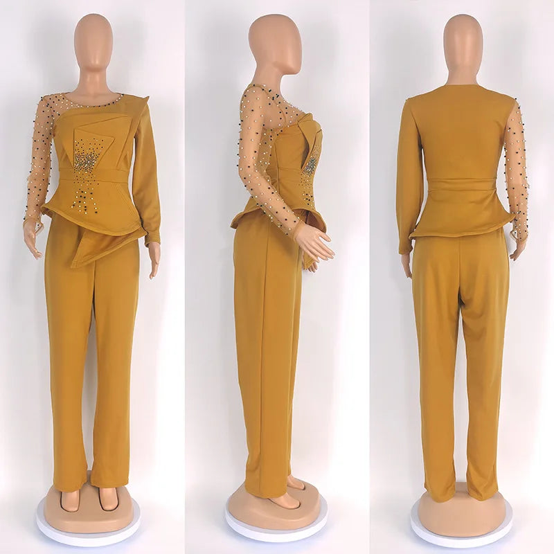 CM.YAYA Vintage Women Beading Mesh Patchwork Ruffles Fan-shaped Blazer Tops and Pants Suit Two 2 Piece Set Outfits Tracksuit