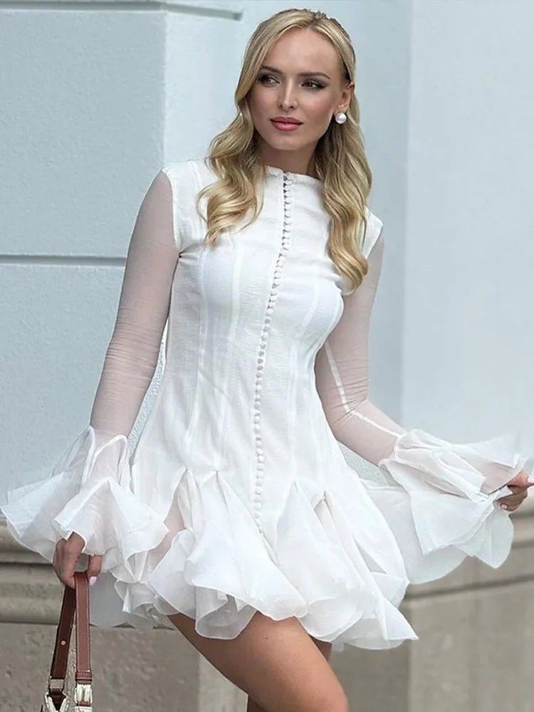 Solid Women Layered Ruffles Midi Dress Fashion Irregular Pleated A-line Long Sleeve Button Robe 2025 Female High Street Vestidos