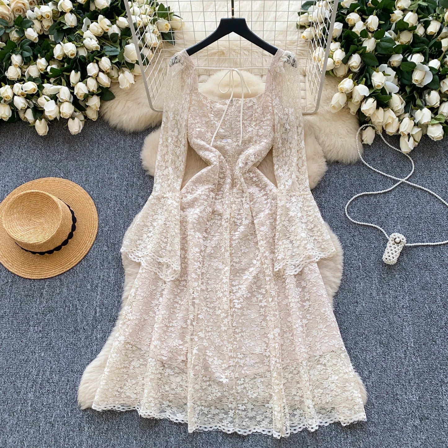 Spring France Elegant Vintage High End Evening Dress Women 3D Flower Lace Hollow Out Party Dress Female Casual Chic Clothing New