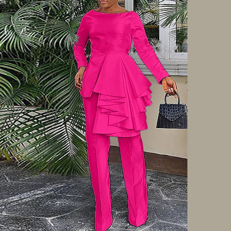 Plus Size VONDA 2024 Women Ruffled Sets Fashion Solid Color Suits Long Sleeve Irregular Top Patchwork Fitting Outfits 2pcs