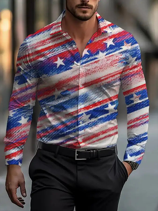 Men's shirt regular lapel shirt men's 3d printing triangle geometric printing casual street long sleeve fashion printed shirt