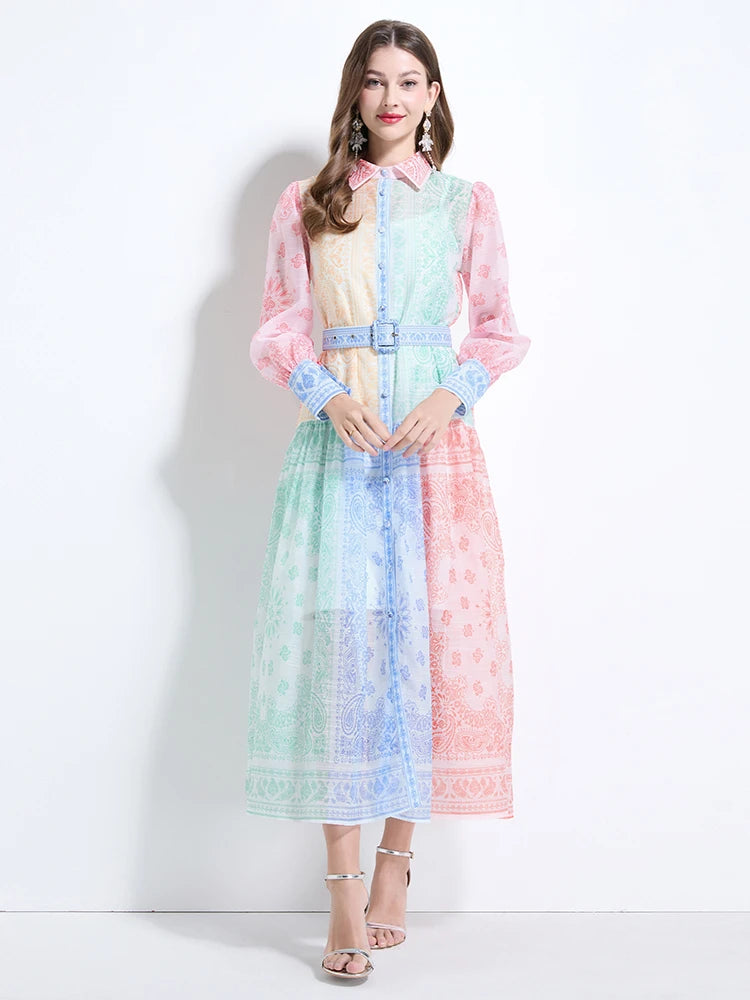 Spring Summer 2025 New Women Fashion Rainbow Print Elegant Shirt Long Dresses Vintage Single Breasted Party Dress Bohemian Trend