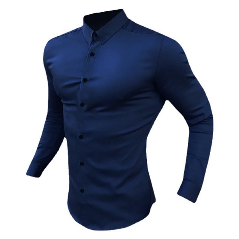 Spring Autumn New Fashion Long Sleeve Shirt Mens Super Slim Fit Luxury Classic Turn-down Single Breasted Business Dress Shirt