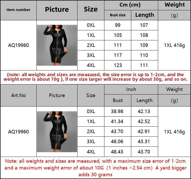 Plus Size Elegant Zipper PU Leather V-Neck Midi Long Sleeve Bodycon Dress Women's plus Size Dress Fashionable Cross-Border Gown