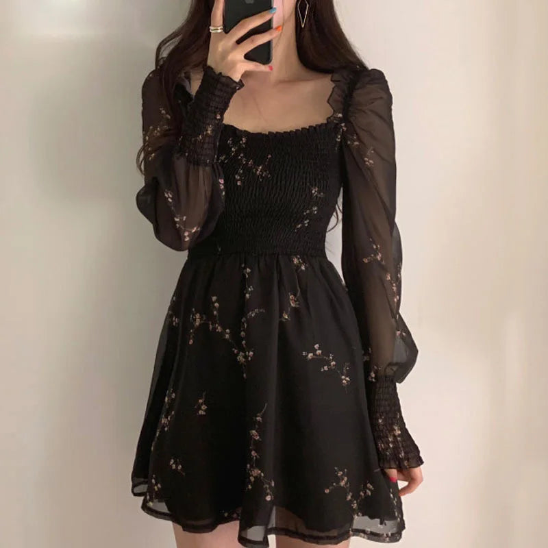 Spring Womens Sexy Black Dress Vintage Flower Long Puff Sleeve Chiffon Dresses Korean Casual Mini Vestidos Mujer Clothes 13676