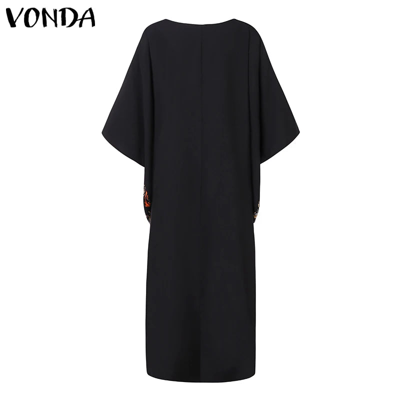 Plus Size VONDA Women Foral Printing Bohemian Maxi Dress 2025 Causal Puff Sleeve Sundress Holiday Eelgant Vestido NO Tassel