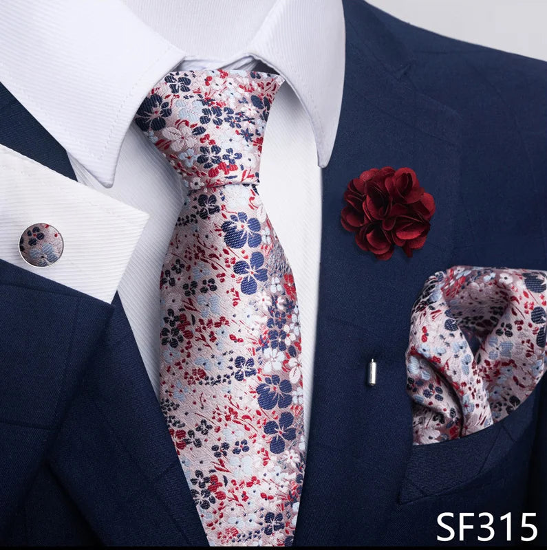 Luxury Mens Ties Floral Black Gold Ties Paisley NeckTie Pocket Square Cufflinks Brooch Set Men's Wedding Party Tie