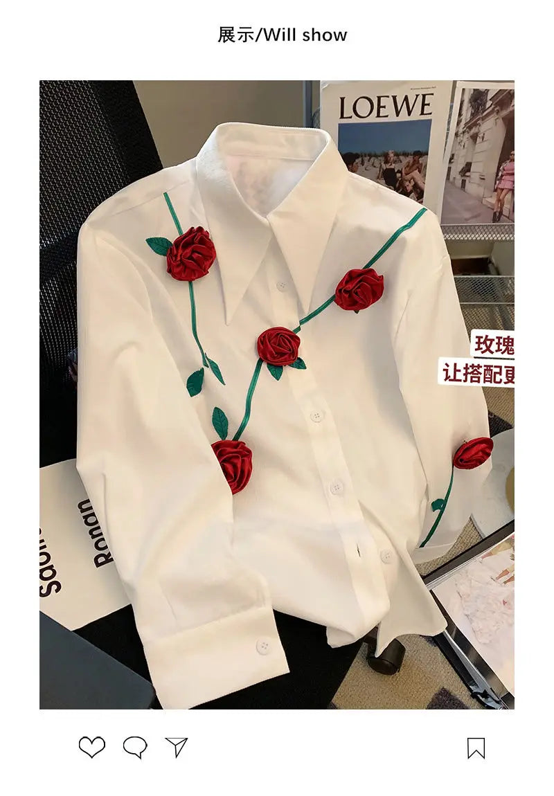 2023 New Spring and Autumn Fashionable Temperament Romantic Three-dimensional Rose Men's Casual Loose Design Sense Niche Shirt