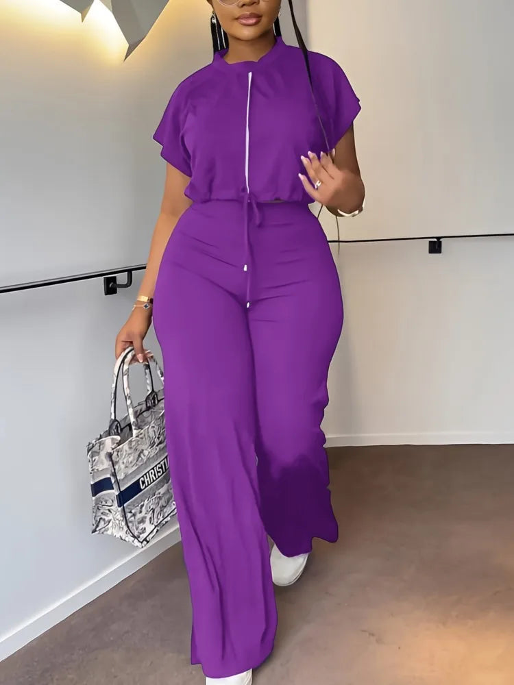 Women Casual Round Neck Drawstring Short Sleeve Top & High Waist Pants Set Summer Solid Two Piece Suit Sets Outfits Set Female
